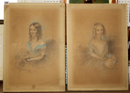 Pair portraits - girls, crayon, chalk & pencil